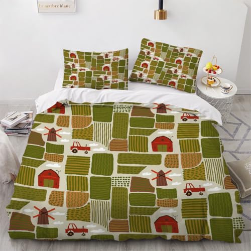 Generisch 3D Cartoon Traktor Bettwäsche 200x200 cm 3teilig Cartoon Bauernhof Bettbezug mit Reißverschluss 100% Mikrofaser Leicht Atmungsaktive Bettwaren Set mit 2 Kissenbezüge 50x75?Muster 113-7?