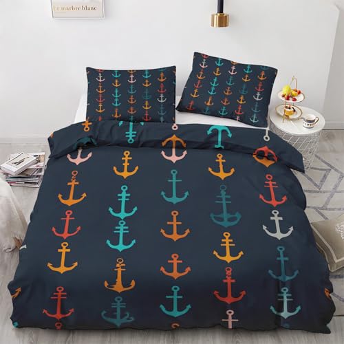 Generisch Nautisch Anker Bettwäsche 135x200 2teilig, Maritime Bettwäsche-Set 135x200 cm, Mikrofaser 1 Wende Bettbezüge 135x200 mit 1 Kissenbezug 80x80cm und Reißverschluss, Weich & Bügelfrei