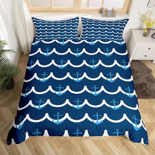 Homewish Blau Sea Anker Bettwäsche Küste bettbezug Set 135x200cm für Kinder,Moderne Ozeandekoration Bettwäscheset Jungen Mädchen Erwachsene Vintage Anker bettset Mikrofaser zimmerdekor weich