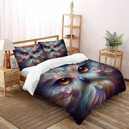 HMELTDIM Bunte Eule Bettwäsche Set - Träumende Eule 3D Bedruckte Bettbezüge - Weiche Gebürstete Mikrofaser Bettbezug Und 2 Kissenbezug ?200x200cm?