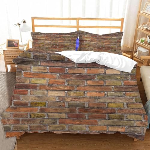 Bettwäsche 135x200 Retro-Ziegelmauer Bettbezug 3D Druck Landhausstil Bettbezüge Kuschelig Weich Mikrofaser Deckenbezug 135x200 cm mit Reißverschluss + 2 Kissenbezüge 80x80 cm D-1640