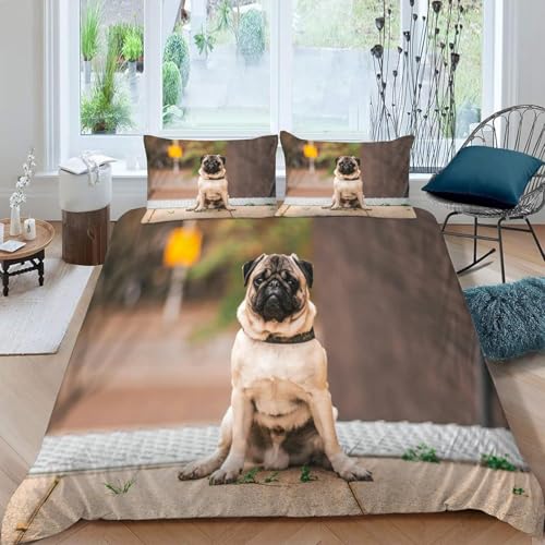 TACOKI Bettwäsche 140x200 Mops, 3D Muster Tier Bettwäsche Set Weich Kuschelig Mikrofaser Bettbezug mit Reißverschluss Bettbezüge + 2 Kissenbezug 80x80 cm x6212