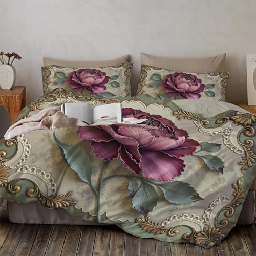 Bettwäsche 3D-Relief Einer Pfingstrose 135 x 200 cm, Vintage-Luxus-Blumenmuste r Bettbezug 2 Teilig Weich Mikrofaser Bettwaren, Weinrot Bettwäsche-Set Für Erwachsene Reißverschluss Mit 1 Kissenbezug