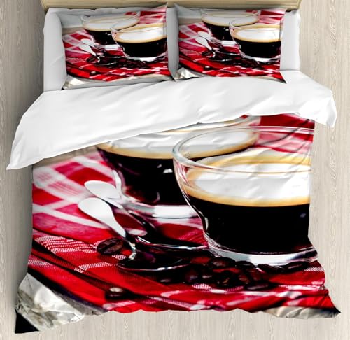 Kaffeetasse 3D-Druck Bettwäsche-Sets 155x200 Bettzeug Weiche Mikrofaser Rot Karierter Stoff 3teilig Bettwäsche mit Leichtläufigem Reißverschluss und 2 Kissenbezüge 80x80 h-728