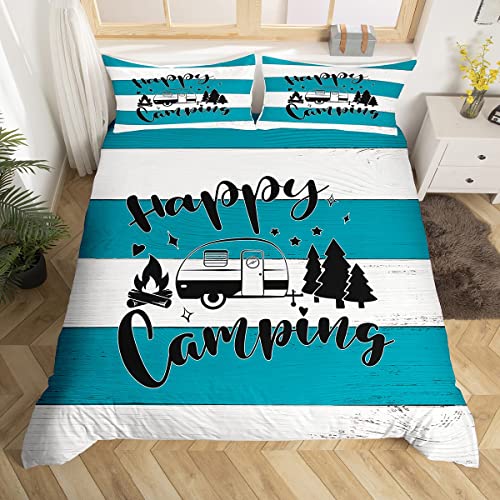 Camping Reise Bettbezug Set S Größe,RV Anhänger Camper Dekor Bettwäsche Set Kinder Erwachsene,altes Holzbrett Rustikales Bauernhaus Tröster Abdeckung,Teal Land Quilt Cover,1 Kissenbezug