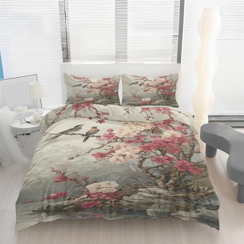 Generisch Blumen Vogel Bettwäsche 135x200, Botanisch Wendebettwäsche, Orientalisch Stil Motiv Bettbezug mit Reißverschluss, Weiche Mikrofaser Bettwäsche Sets 2 Teilig mit 1 Kissenbezug 80x80 C240j