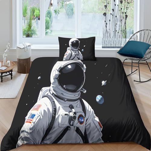 WXMMoney Astronauten-Bettwäsche-S et für Kinder und Erwachsene, Design-Dekoration, Bettbezug für Jungen, Mädchen, Teenager, Jugendliche, dekorativer Bettbezug für Einzelbett (135 x 200 cm)