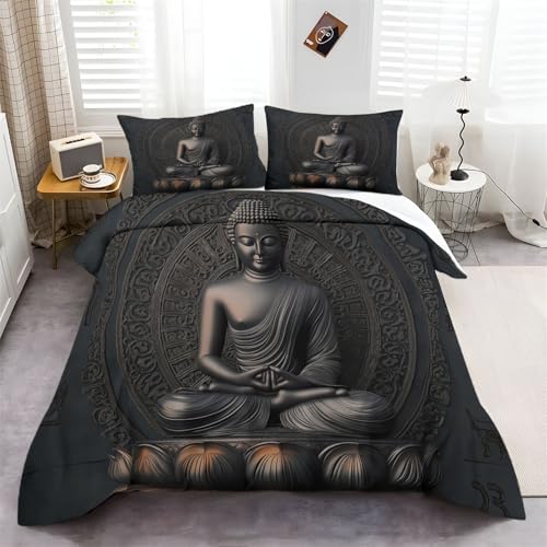 Bettbezug mit Kissenbezug Bettwäsche-Set mit Eleganter Und Friedlicher Buddha Print Bräunen, 155 x 220 cm weich und bügelfrei, Bettwäsche Set Mikrofaser mit Reißverschluss