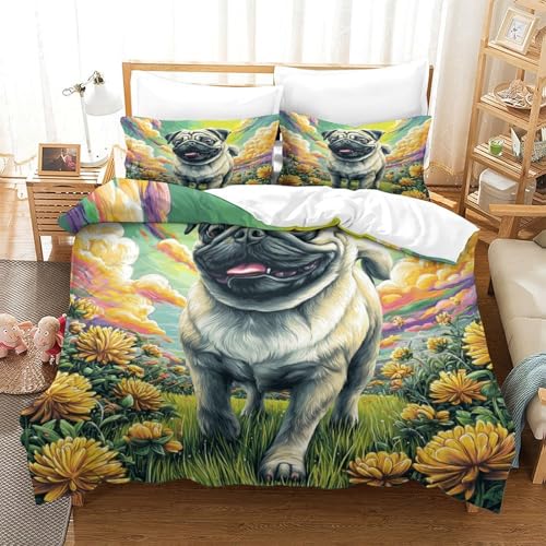 WBCFGHJKN Mops auf bunter Wiese Bettbezug Bettwäsche Kinderbettwäsche-3-teili ges Set Reißverschluss Mit Kissenbezug Betten Set Single?135x200cm?