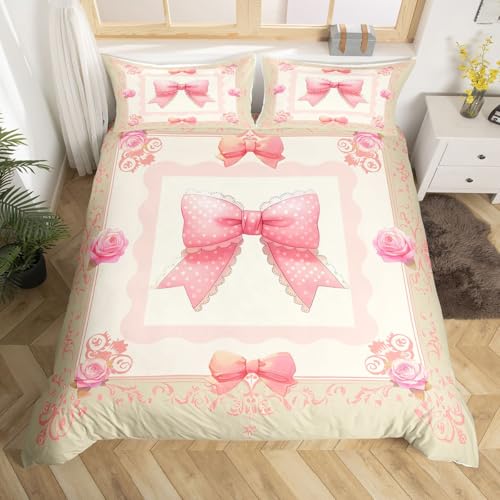 Homewish Netter Rosafarbener Bogen Bettwäsche 135x200 Kawaii Bowknot Bettbezug Träumige Prinzessin Stil Bettwäsche Set Kinder Frauen Mädchen Mädchen Süß Bows Rose Floral Bettset 1 Kissenbezug