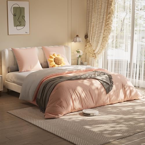 Bettwäsche 4-teilig für große Betten,1 Bettbezug,1 Spannbetttuch,2 Kissenbezüge,Weich und Elegant,atmungsaktives Polyester,mit 4 Eckseilen zur perfekten Fixierung (Rosa + Hellgrau, 160×200cm)