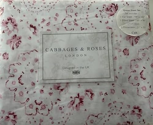 Cabbages and Roses London Queen-Bettwäsche-Set, 100 % Baumwoll-Perkal, Penny-Himbeer-Blumendruck , 4-teilig