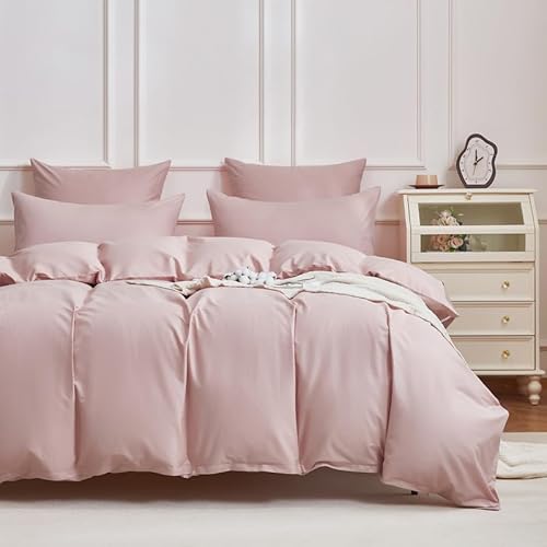 Gezu 100% Baumwolle Bettwäsche 200x200cm Rosa Mako Satin Bettwäsche Baumwollesatin 3 Teilig Einfarbig Uni Ästhetik Weich Bettbezug Set 200x200cm mit 2 Kissenbezug 80x80 und Reißverschluss