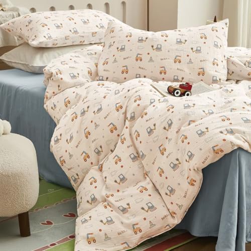 AShanlan Kinderbettwäsche 100x135 Baumwolle Musselin Bettwäsche Kinder Jungen 100 x 135 cm + Kissenbezug 40x60 cm Bagger Motiv Oeko-TEX zertifizierte Bettbezug mit Reißverschluss