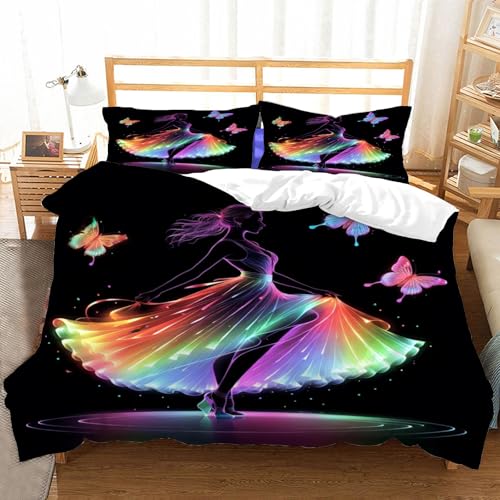 Hongduo 3D Prinzessin Ballett Bettwäsche Set 200x200 cm Weich Mikrofaser Cartoon Ballett Muster Bettwäsche-Sets mit Reißverschluss 3 Teilig Bettbezug Set mit Kissenbezug 80x80 cm