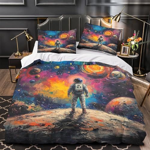 WTORIMPEL Astronaut blickt ins Weltall 3D Bedruckt Bettdeckenbezug 3teilig Mikrofaser fleckenfest Abstraktes Kosmos Bettbezug 2 Kissenbezüge Abriebfest Erwachsene Familie Single?140x200cm?