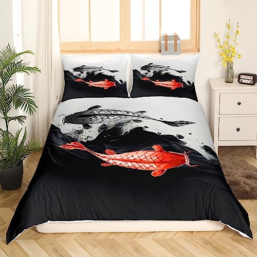 Japanische Koi Fisch Bettwäsche Set 200x200 Yin Yang Thema Bettbezug für Frauen Männer Japanische Art Exotische Koi Tier Tröster Bezug Ozean Bettbezug Exotische Art Bettwäsche Schwarz und Weiß