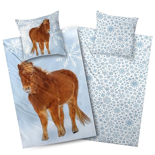 Aminata kids Biber Bettwäsche 135x200 Pony Pferde Pferdebettwäsche Mädchen Winter Motiv warm weich blau