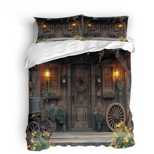 LYNNB Landhaus Bettbezug Set 200x220cm Blockhausmuster Auf Dem Land Bettwäsche Set, Bettwäsche Microfaser Weich und Bügelfrei Bettbezug mit Reißverschluss und 2 Kissenbezug 80x80 cm