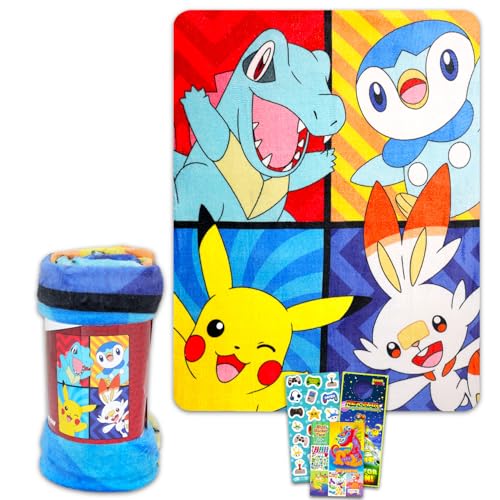 Pokemon Fleece-Decken-Set – Bündel mit 116,8 x 152,4 cm Fleecedecke, Aufklebern, mehr für Kinder, Kleinkinder, Kinder | Pikachu-Fleece-Überwurf für Jungen, Mädchen