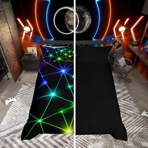Homewish Neon Geometrische Bettwäsche 135x200cm Retro Dreiecks Muster Bettbezug Abstrakte Strahlen Druck Bettwäscheset für Teenager Jungen Mädchen Wendbares Schwarzes Mikrofaser Kinderzimmerdekor