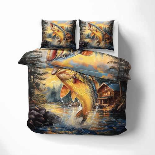 Bettwäsche 135x200 Angeln Motiv - Hütte Bettbezug und 1 Kissenbezug 80x80, Weiche Bügelfreie Mikrofaser Deckenbezug 2er Set mit Reißverschluss, Wendebettwäsche & Deko M&-8715
