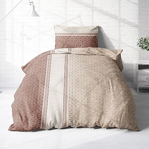 Träumschön Biber Bettwäsche Set 2tlg 135x200 cm + 80x80 cm – Flauschige Bettwäsche Beige/Braun – Weiche Winterbettwäsche mit Muster - Atmungsaktiv, Warm & Hautfreundlich - 100% Baumwolle