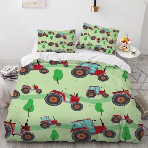 Generisch 3D Cartoon Traktor Bettwäsche 220x240 cm 3teilig Cartoon LKW Bettbezug mit Reißverschluss 100% Mikrofaser Leicht Atmungsaktive Bettwaren Set mit 2 Kissenbezüge 80x80?Muster 51-16?