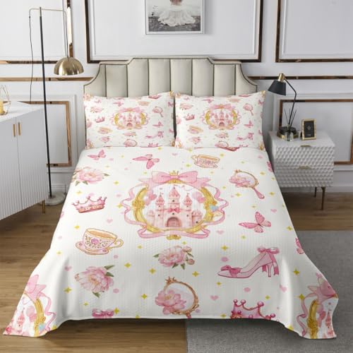 Manfei Mädchen Schloss Bettdecke S Größe,Rosa Prinzessin Mädchen Bettwäsche Sets für Kinder Jungen Mädchen Zimmer Dekor,Blumen Krone High Heels Tröster Set mit 1 Kissenbezug
