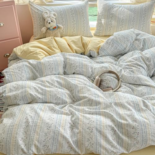 Covebett Bettwäsche 135x200 Blau Weiß Gestreift Blumen Muster Aesthetic Bettwäsche Set Streifen Blümchen Blumenmuster Renforcé Microfaser Wende Bettbezug Reißverschluss und Kissenbezug 80x80cm