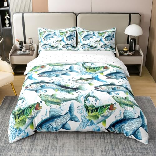 Loussiesd Rustikaler Fisch 100% Baumwolle Bettwäsche Set 155x220cm Angeln und Jagen Bettbezug für Kinder Mädchen Jungs Bass Hecht Süßwasserfisch Dekor Betten Zimmer Dekor Bettwäsche-Set