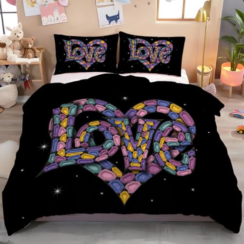 GSAEIMCT 3D Bettwäsche 135X200Cm Bettwäsche Set Herzbuchstaben Retro-Graffiti Blau-Violett Weich Mikrofaser Bettbezug Mit Reißverschluss Und Kissenbezug 80X80Cm