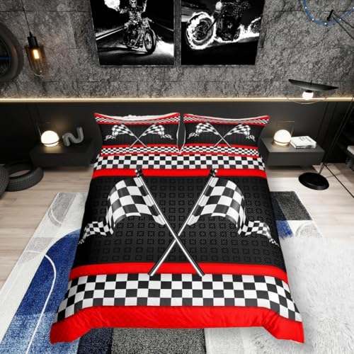 feelingyou Bettwäsche-Set mit Rennwagen-Motiv, Einzelbett, schwarz-weiß, Karierte Flagge, für Kinder, Jungen, Herren, rote Streifen, Gitter, kariert, gestepptes Bezug-Set mit 1 Kissenbezug
