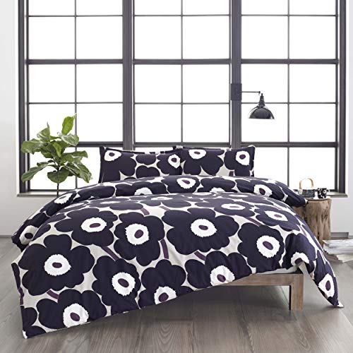 Marimekko | Unikko Collection | Bettbezug-Set – 100% Baumwolle, mittelschwer & Ganzjahres-Bettwäsche mit Knopfverschluss, inklusive passendem Kissenbezug, Doppelbett, Dunkelgrau
