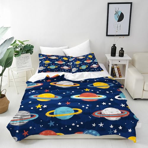 ANHOPE Cartoon Weltraum Planeten Sterne Bettwäsche Set 2 Teilig Weich Bettbezug 140x200 cm & Kissenbezug 80x80 cm Microfaser Bettbezüge Set mit Reißverschluss Ganzjahres Bettdeckenbezug Set