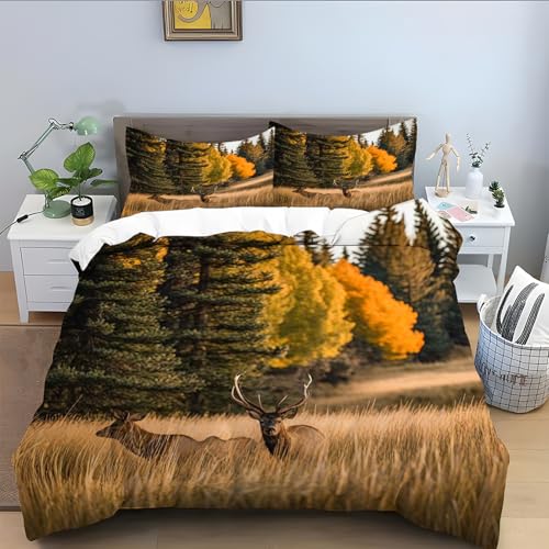 Bettwäsche 220x240 für REH,braun Bettwäsche Set 3 Teilig, Mikrofaser Bettbezug 220x240, Bettbezüge mit Reißverschluss Schließung und 2 Kissenbezug 80x80 cm-Wald A226