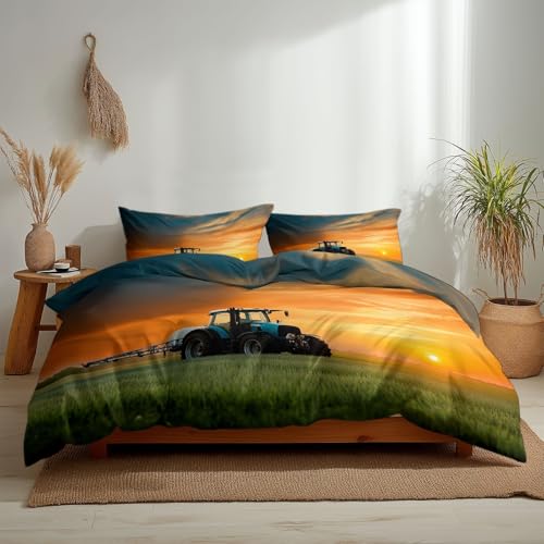 Bettwäsche 155 x 220 cm – 3-teiliges Set Bauernhof-Sonnenuntergang Traktor Wende-Bettbezug, atmungsaktiv, hautfreundlich und maschinenwaschbar Mehrfarbig Bettbezug für Erwachsene und Jugendliche