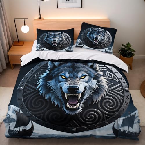 Bettwäsche 150x200 Wolf Pirat Bettwäsche-sets 3 Teilig 2 Pillowcases 80x80 cm Bettbezug Wolf Wikinger 3D Drucken Bedding Mikrofaser Weich Maschinenwaschbar Mit Reißverschluss Eckbinder Halten