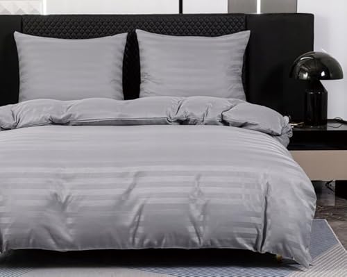 TEXTILOVE Bettwäsche 3-teilig Set 160x200 cm Grau Gestreift aus Damast Mikrofaser Elegant Aesthetic Hotelbettwäsche 1 Bettbezug und 2 Kissenbezüge 70x80 cm Oeko-TEX 100