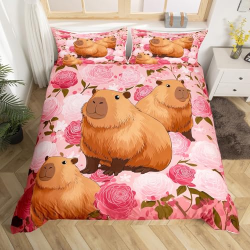 Homewish Rose Capybara Bettwäsche Lustiges Tier bettbezug Set 135x200cm für Kinder Jungen Mädchen Jugendliche,Garten Wildtiere Bettwäscheset Bauernhaus Rustik bettset Schlafzimmer dekor weich