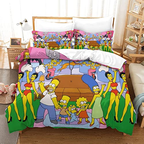 YINGD The Simpsons Bettbezug-Set, 3D-Digitaldruck, dreiteilige Bettwäsche, Anime-Charaktere, Bettbezüge, pflegeleicht, mit Reißverschluss, Bettbezüge, 1 x Kissenbezug x 2-teilig (200 x 200 cm)