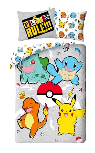 Pokemon Bettwäsche für Kinder, Bettbezug 140 x 200 cm + Kissenbezug 65 x 65 cm, mit Glumanda, Bulbizarre, Schreiner und Pikachu