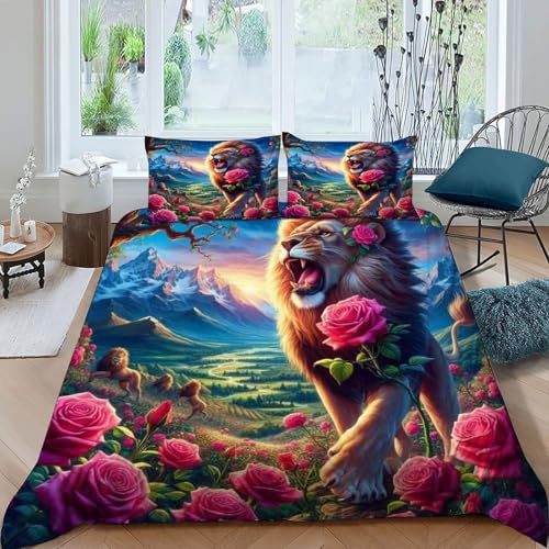 HOGDISAJD Pink Löwen Bettwäsche Weiche Feder Rosa Blumen 3D Gedruckt Bettdeckenbezug + 2 Kissenbezug LuxusBettwäsche Sets 3 Stück Für Kinder Jugendliche Double?200x200cm?