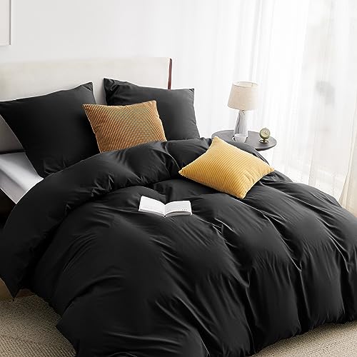 BEDSURE Bettwäsche 200x200 3teilig Schwarz   1 Bettbezug 200x200 + 2 Kissenbezüge 80X80, ÖKO TEX Bettwäsche Sets Schwarz Polyester Mikrofaser Reißverschluss