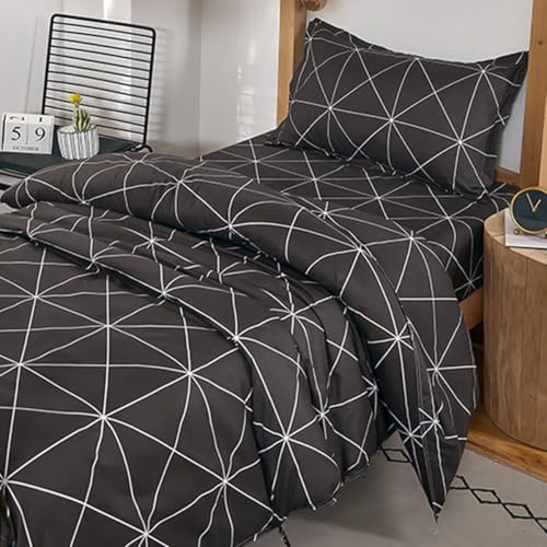 Nesture Bettwäsche 135x200 Kariert Anthrazit, Bettwäsche-Sets Microfaser Bettbezug 135 x 200cm 2 Teilig bügelfrei & weich - 1 Deckenbezug und 1 Kissenbezug 80x80 mit Reißverschluss