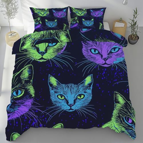 RRUxiia Bed Linen Set 200x200cm Karikatur Katze Bettwäsche 3teilig Farbe Haustier Handgezeichnet Bettbezug Sets mit 2 Kissenbezüge 80x80cm, Polyester Mikrofaser, Weich Atmungsaktiv, Mit Reißverschluss