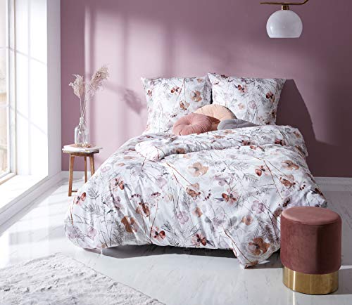 Bettwaesche-mit-Stil Mako Satin Bettwäsche Mohnblumen rost rot lila 135x200 + 80x80 cm