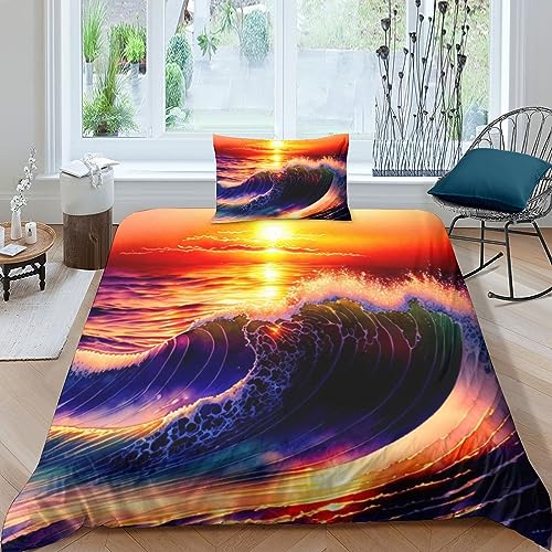 flapperons Twilight Waves Bettbezug, 3D-Gedruckter Bettbezug, Bettbezüge mit Reißverschluss, mit Kissenbezügen, Bettwäsche-Set, weiche Mikrofaser, 3-teilig, Einzelbett (135 x 200 cm)