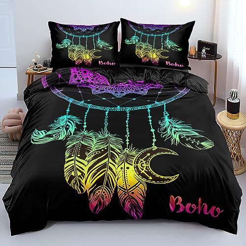 Chanyuan Traumfänger Bunt Feder Muster Bettbezug 135x200 cm, 2 Teilig Schwarz Bettwäsche Set Mädchenbettwäsche Kinderbettwäsche Weich Mikrofaser Exotisch Boho Stil mit Reißverschluss