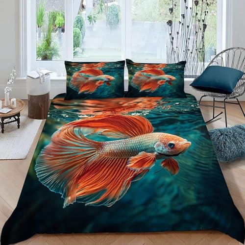 Bettwäsche 135x200 cm 3Teilig Fisch Bettwäsche-Sets Weiche Mikrofaser Artikel Tier Bettbezüge Kinder 3D Motiv Bettdeckenbezug Mit Reißverschluss und 2 Kissenbezug 80x80cm
